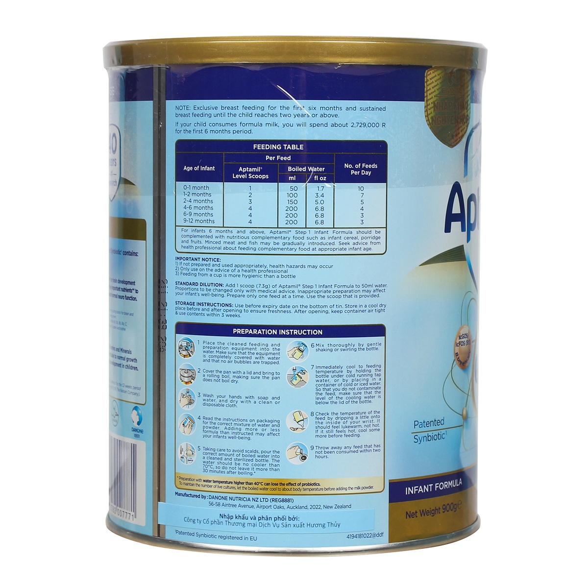 Sữa Aptamil NewZealand số 1 900g cho bé 0-12M - mặt sau