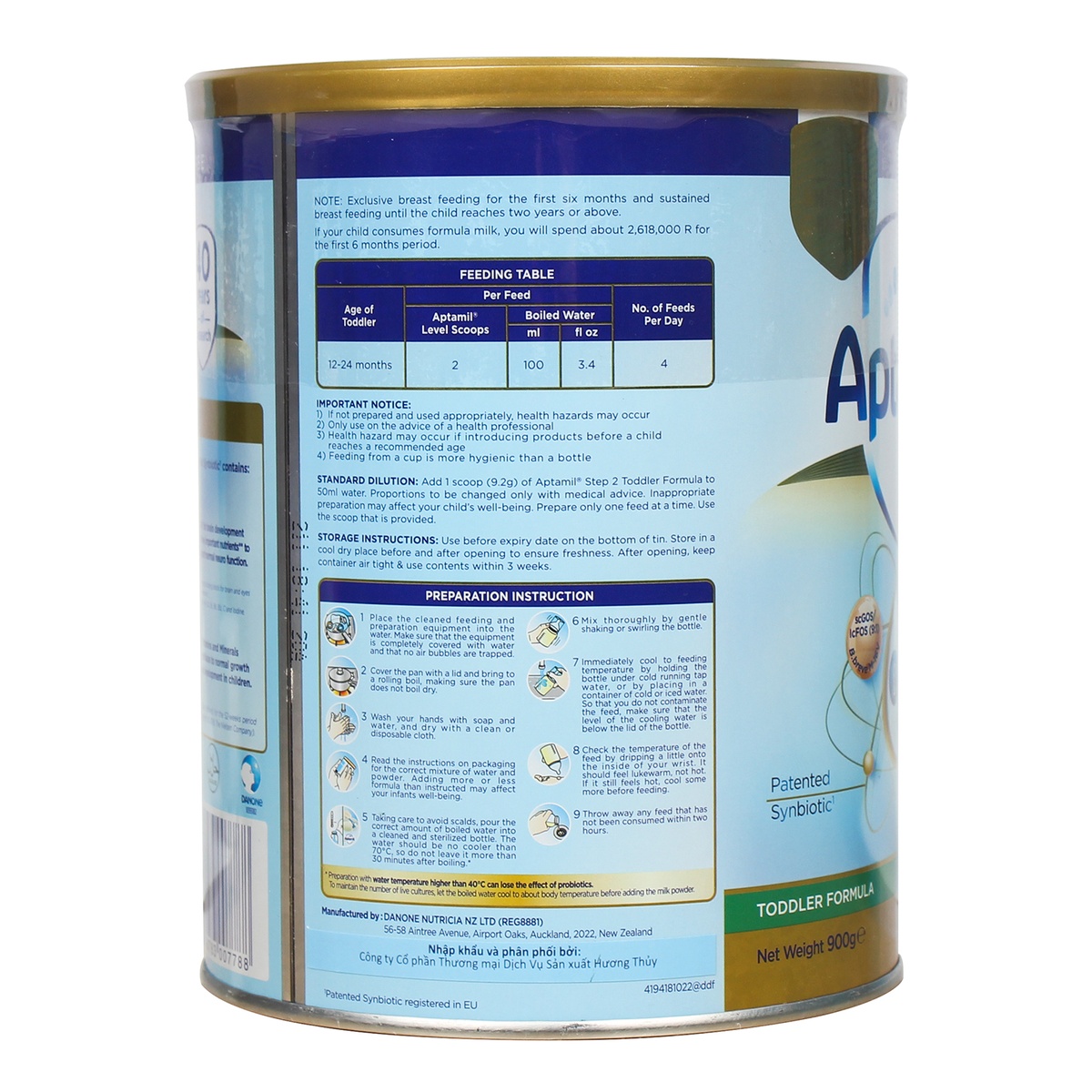 Sữa Aptamil NewZealand số 2 900g cho bé 12M-24M - mặt sau