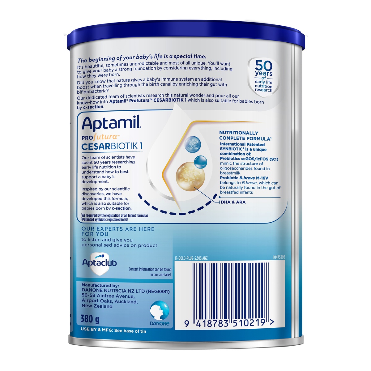 Sản phẩm dinh dưỡng công thức Aptamil Profutura Cesarbiotik số 1 380g (cho trẻ từ 0-12 tháng) - mặt trái