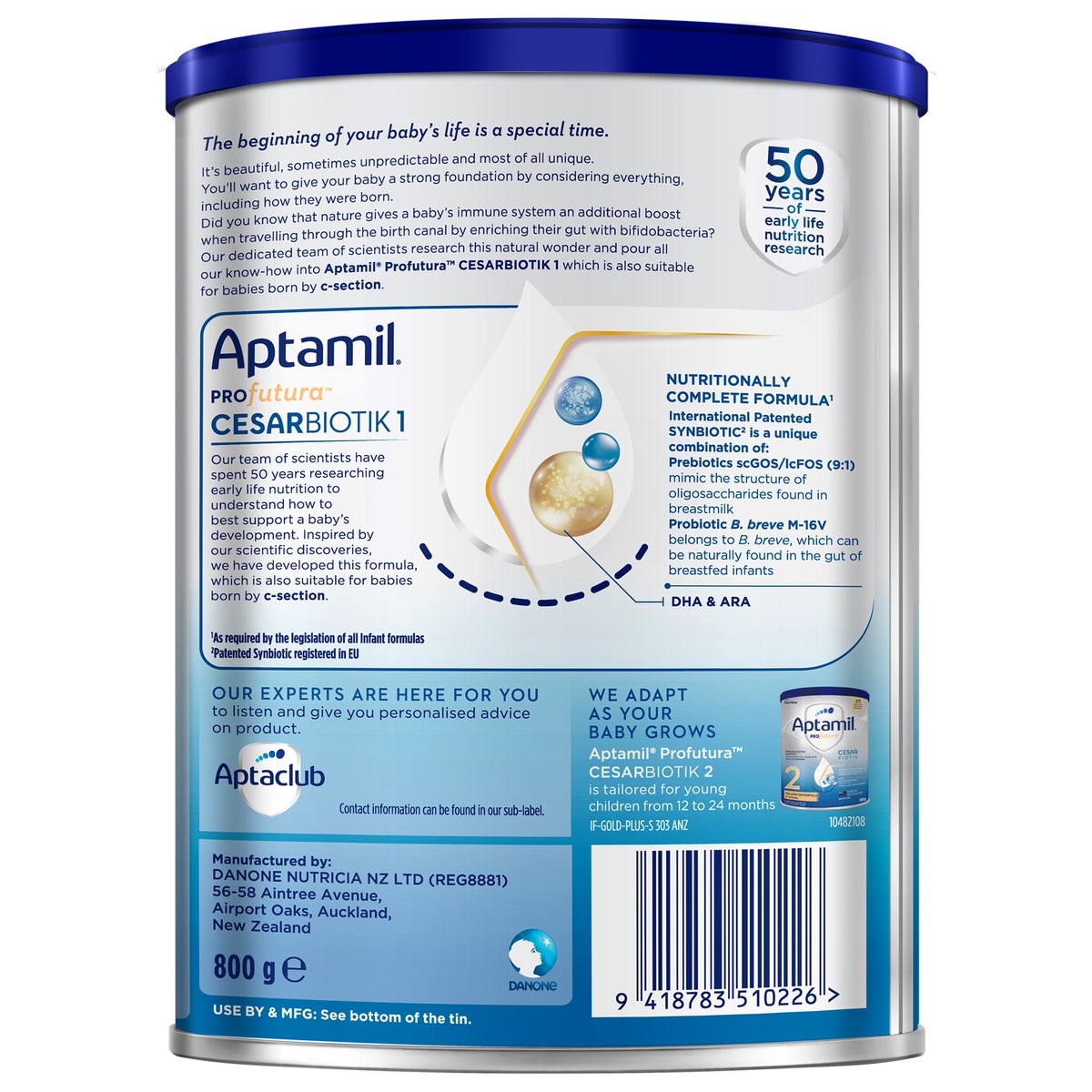 Sữa Aptamil Profutura Cesarbiotik số 1 (cho bé 0-12 tháng) 800g - mặt trái