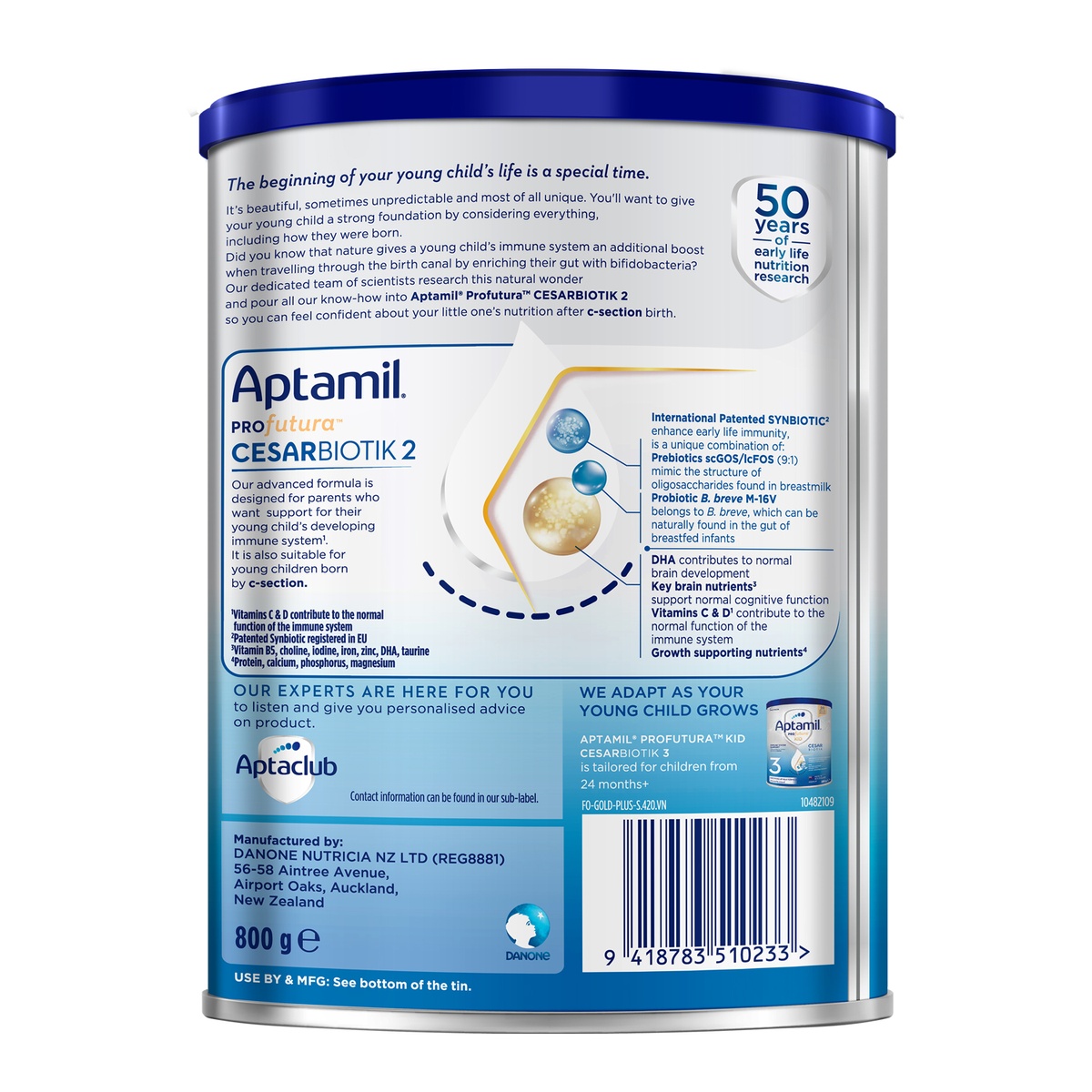 Sữa Aptamil Profutura Cesarbiotik số 2 (cho bé 12-24 tháng) 800g - mặt trái