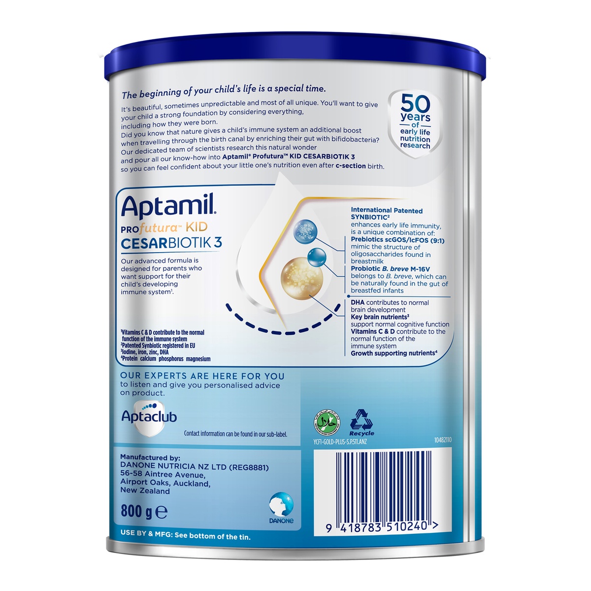 Sữa Aptamil Profutura Kid Cesarbiotik số 3 (cho bé từ 2 tuổi) 800g - mặt trái