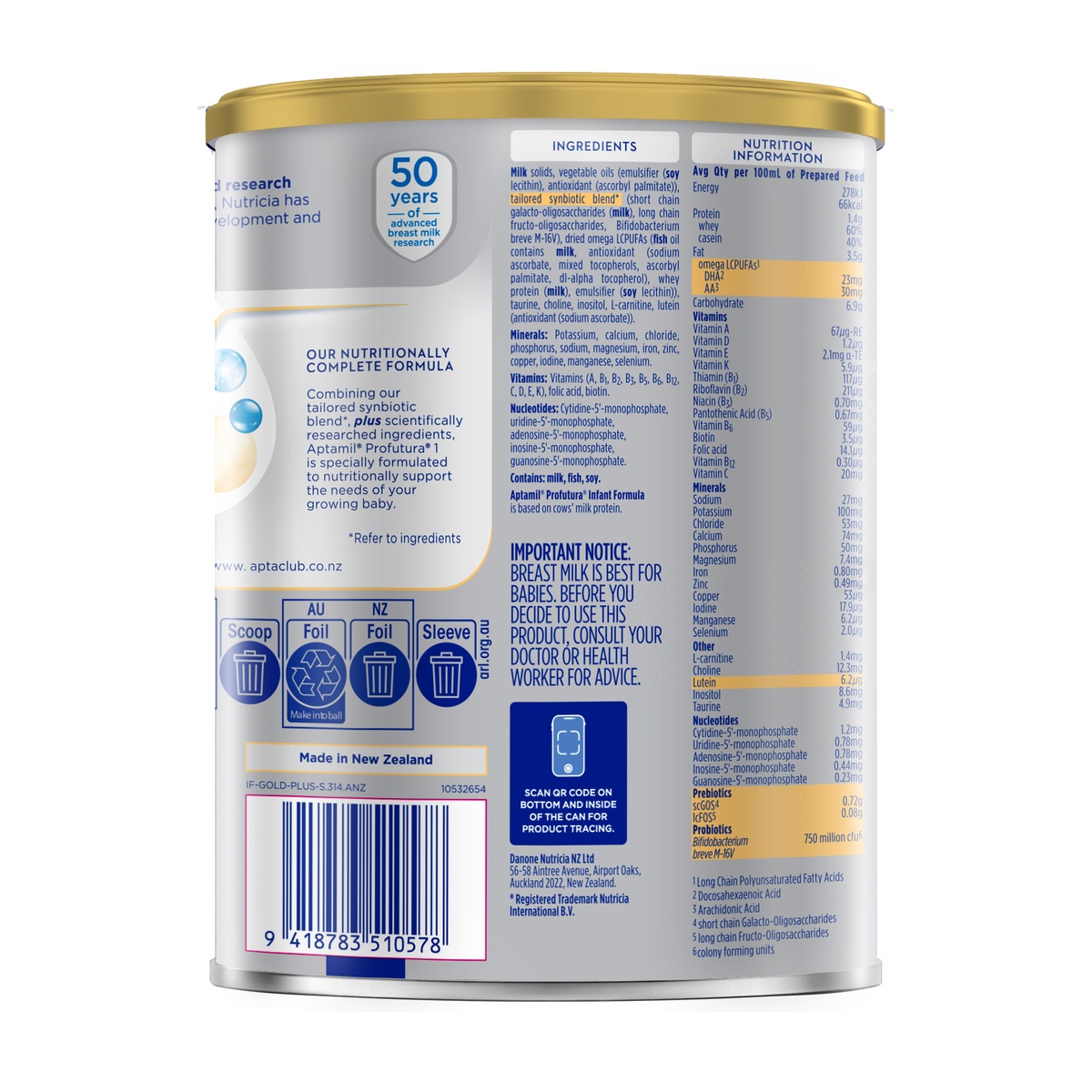 Sữa Aptamil Profutura Úc số 1 (cho bé 0-6 tháng) 800g - mặt trái
