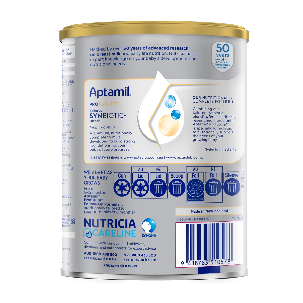 Sữa Aptamil Profutura Úc số 1 (cho bé 0-6 tháng) 800g - mặt sau
