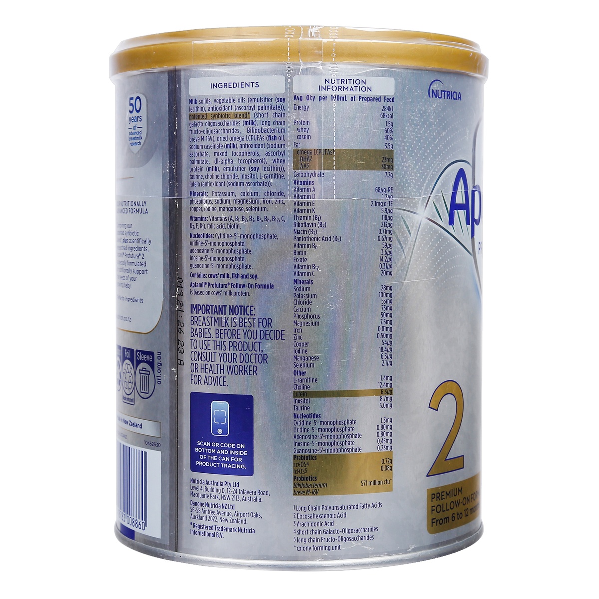 Sữa Aptamil Profutura Úc số 2 (cho bé 6-12 tháng) 900g - mặt sau
