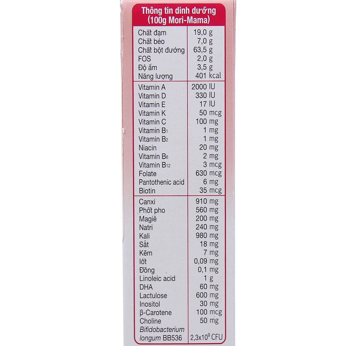 Sữa bầu Mori Mama 200g (vị vani) - mặt sau