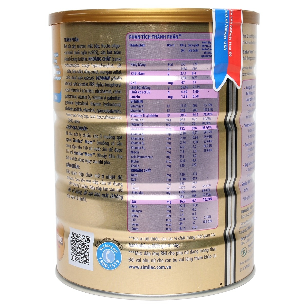 Sữa bầu Similac Mom IQ Plus hộp 900g hương vani - mặt trái