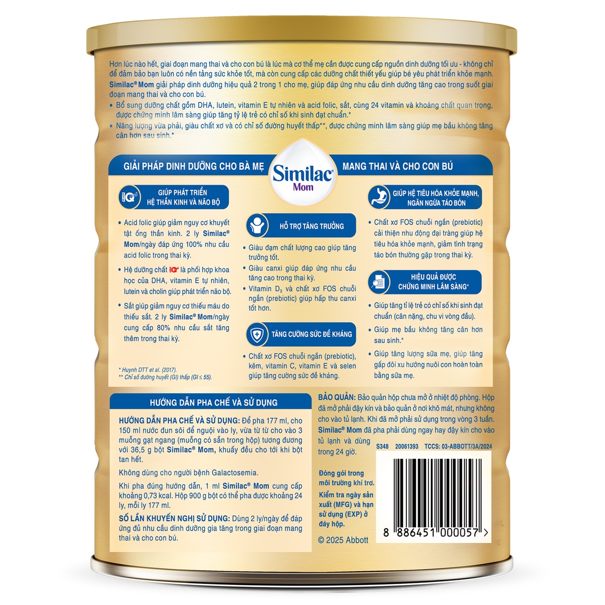 Sữa bầu Similac Mom IQ Plus hộp 900g hương vani - mặt sau