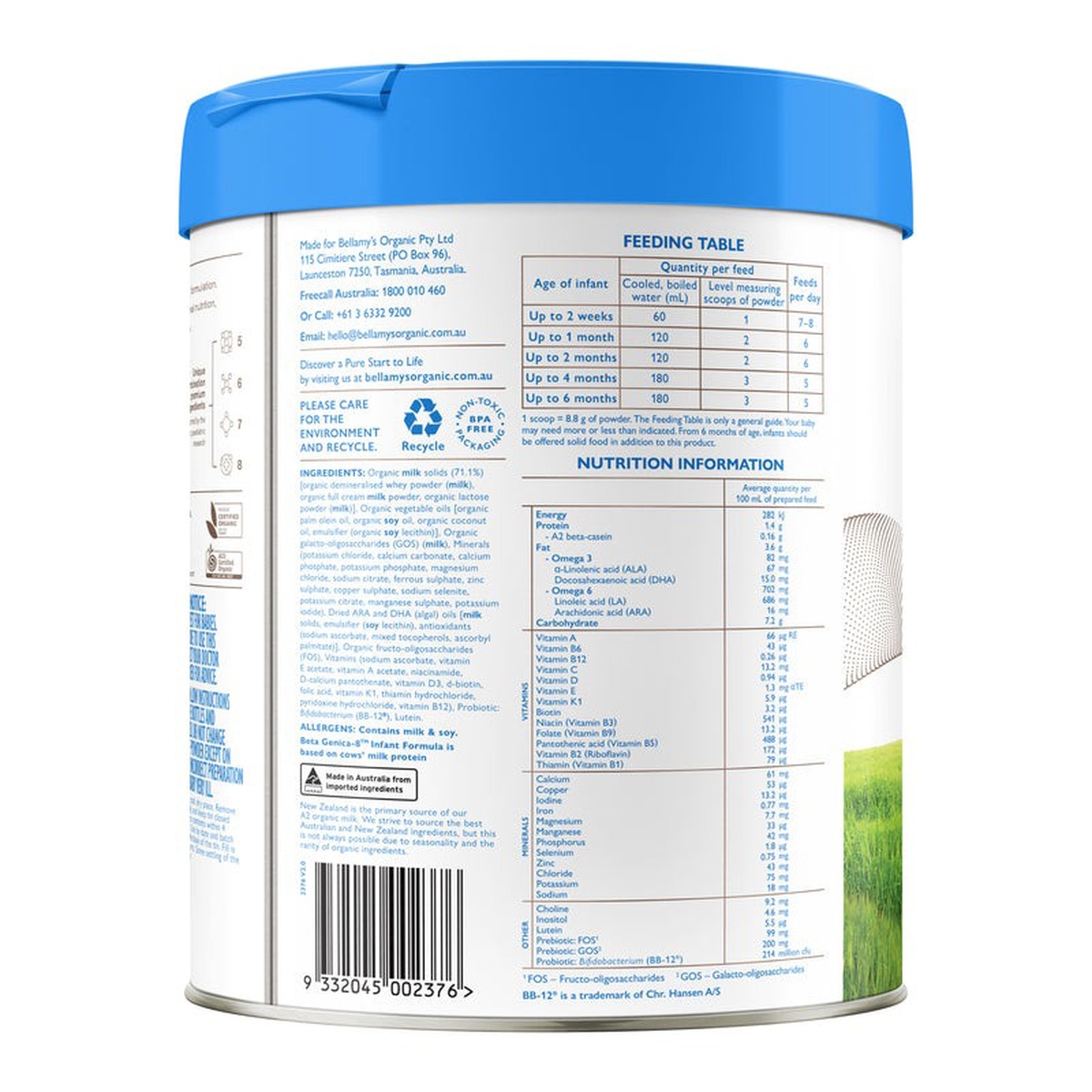 Sản phẩm dinh dưỡng công thức Bellamy's Organic A2 số 1 800g cho bé 0-6 tháng tuổi - mặt trái