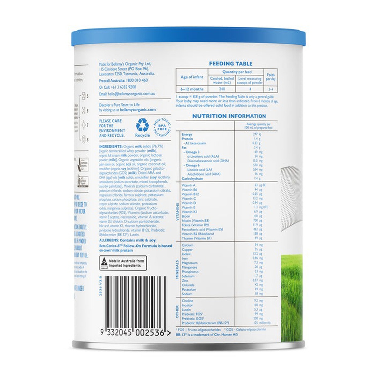 Sữa Bellamy's Organic A2 số 2 (cho bé 6-12 tháng) 350g - mặt trái