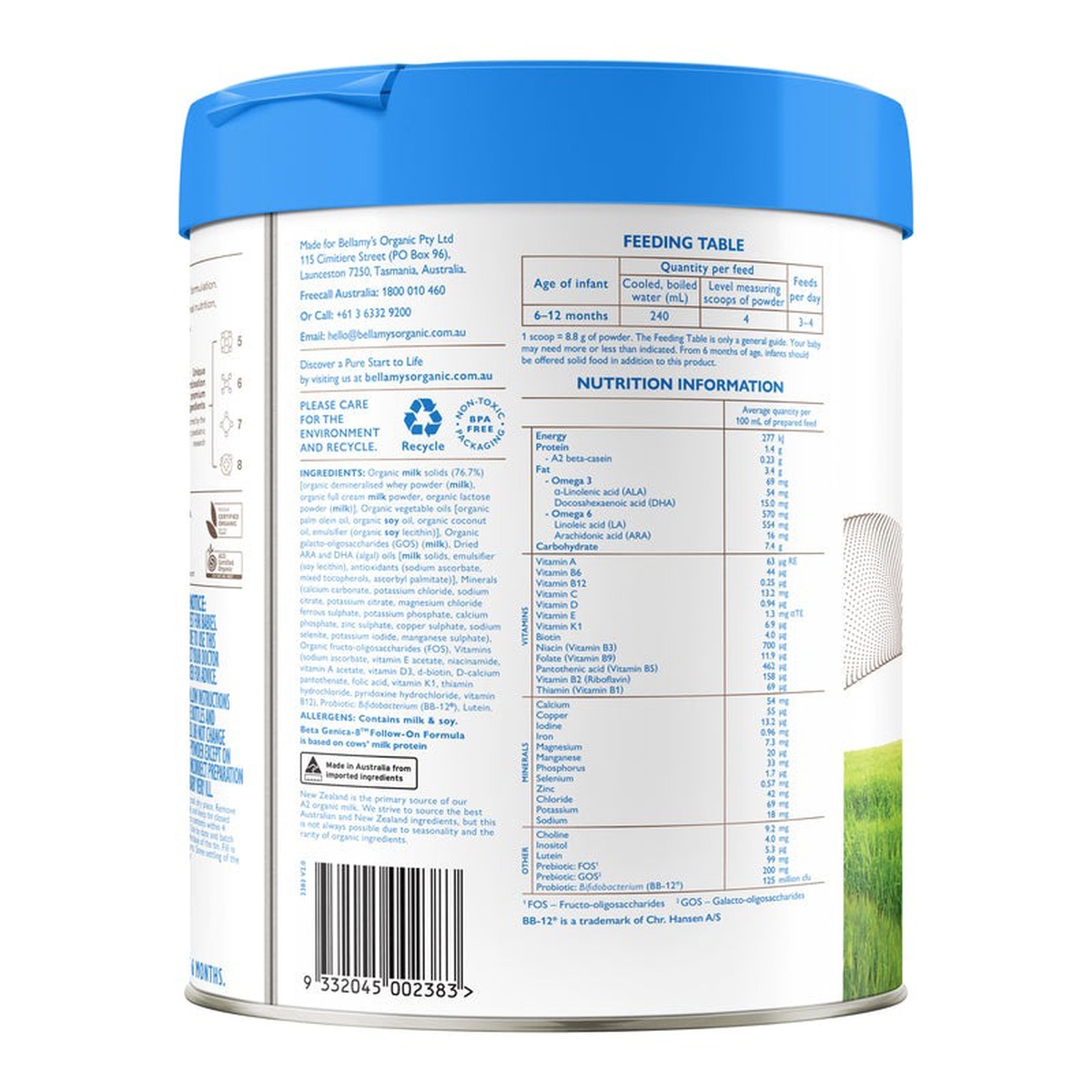 Sản phẩm dinh dưỡng công thức Bellamy's Organic A2 số 2 800g cho bé 6-12 tháng tuổi - mặt trái