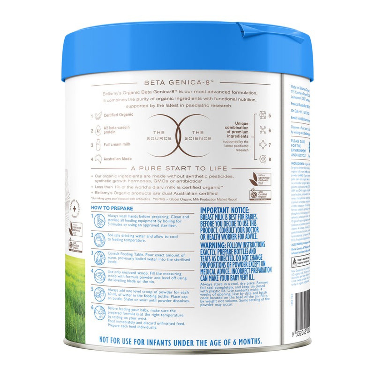Sản phẩm dinh dưỡng công thức Bellamy's Organic A2 số 2 800g cho bé 6-12 tháng tuổi - mặt phải