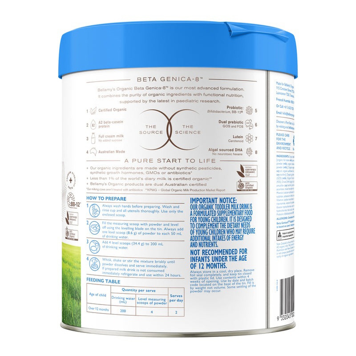Sữa Bellamy's Organic A2 số 3 (cho bé 1-2 tuổi) 800g - mặt phải