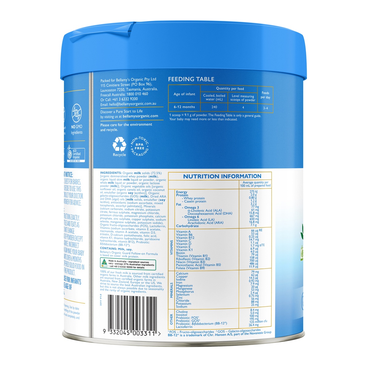 Sản phẩm dinh dưỡng công thức Bellamy's Organic Guard Lactoferrin số 2 800g cho bé 6-12 tháng tuổi - mặt trái