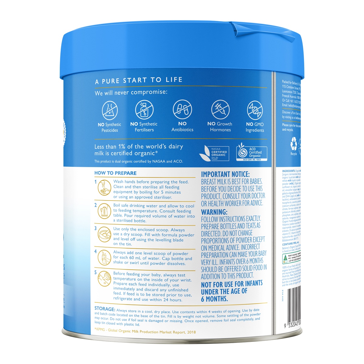 Sản phẩm dinh dưỡng công thức Bellamy's Organic Guard Lactoferrin số 2 800g cho bé 6-12 tháng tuổi - mặt phải