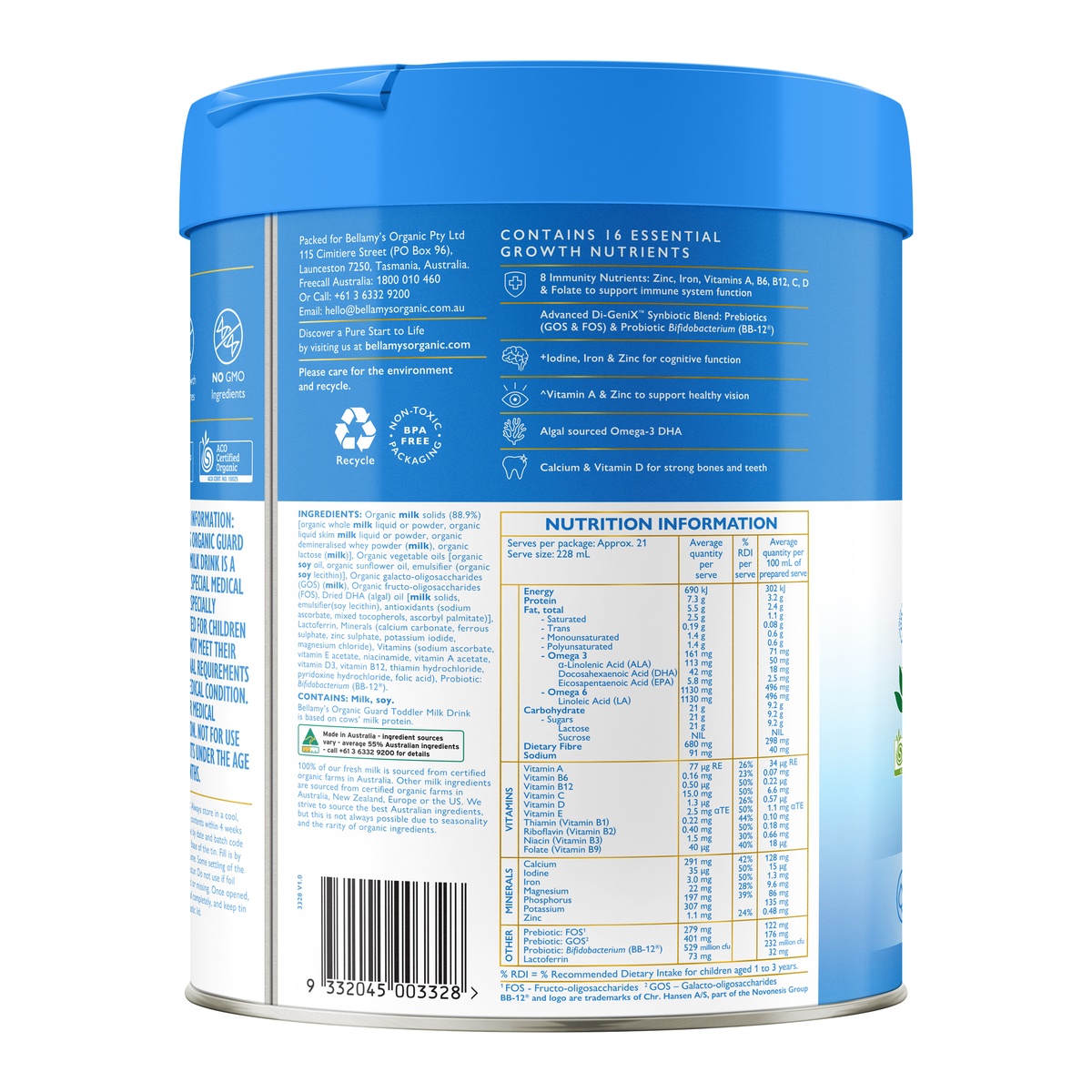 Sản phẩm dinh dưỡng công thức Bellamy's Organic Guard Toddler Milk Drink 800g - mặt trái