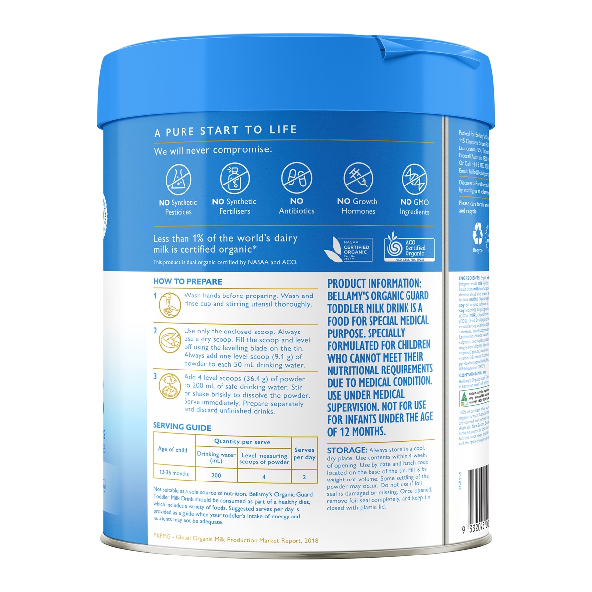 Sản phẩm dinh dưỡng công thức Bellamy's Organic Guard Toddler Milk Drink 800g - mặt phải