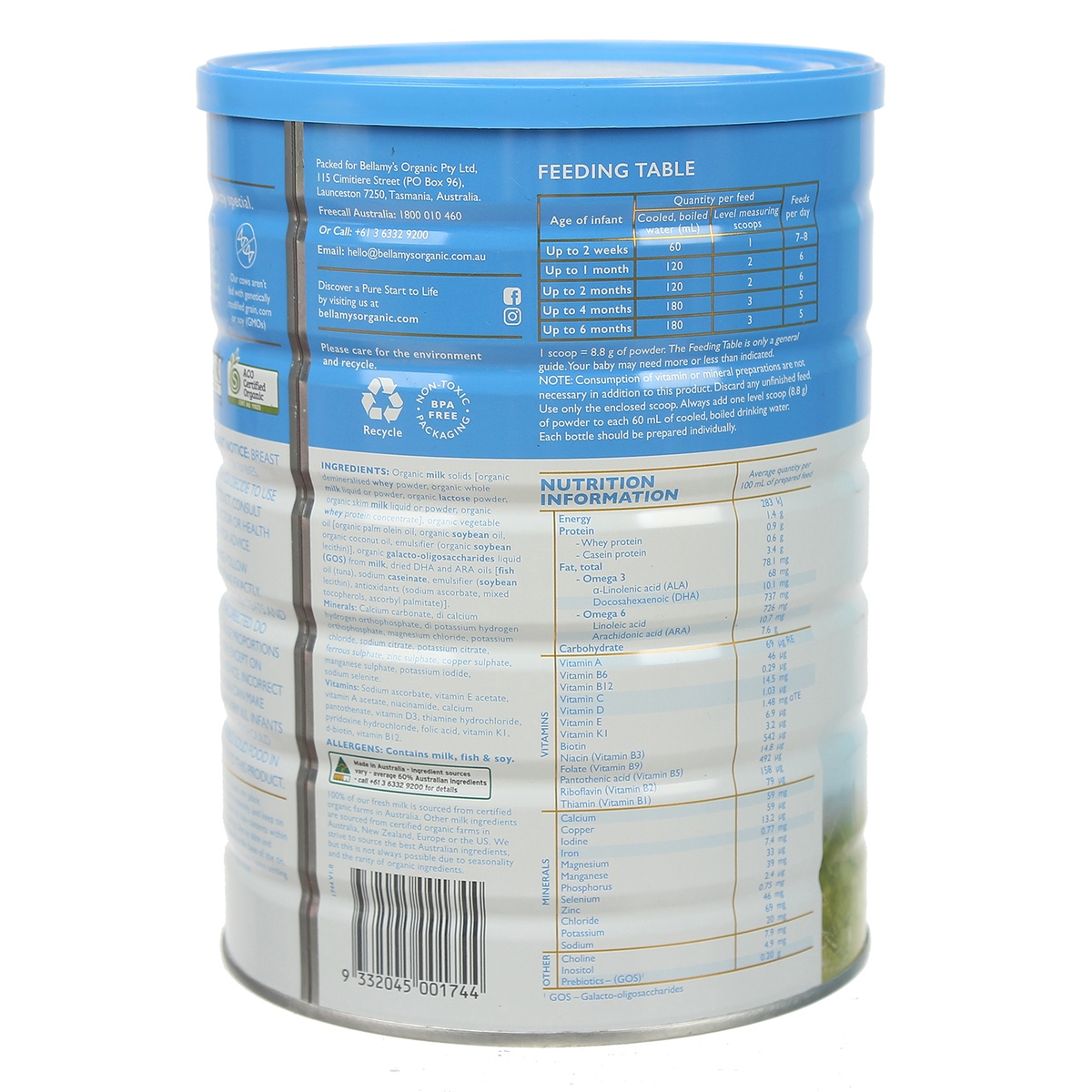  Sữa bột Bellamy’s Organic S1 900g cho bé 0-6M - mặt trái