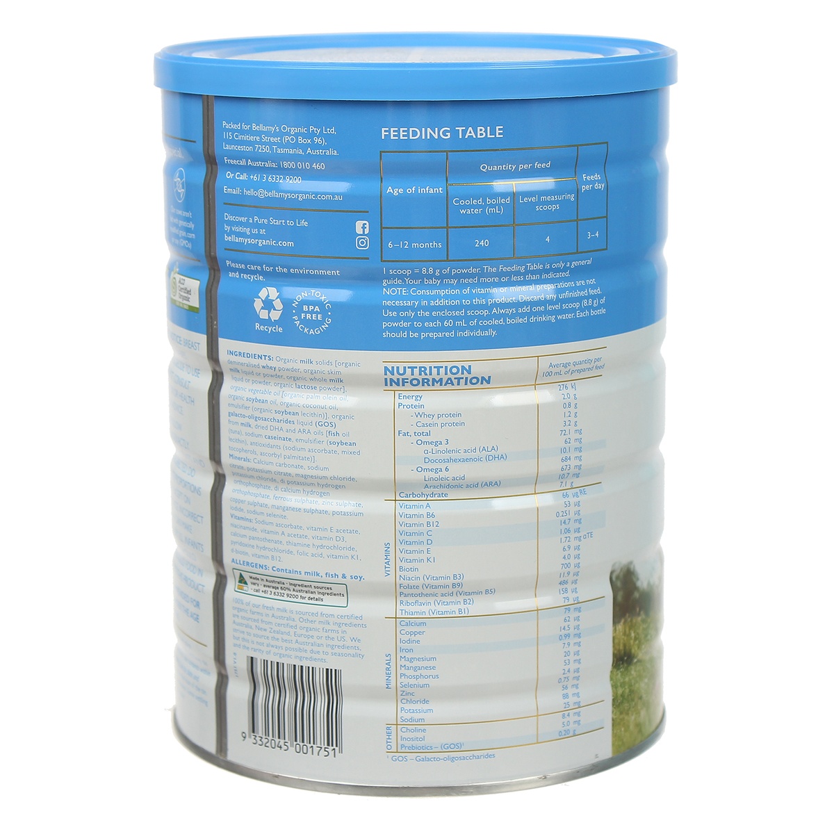 Sữa bột Bellamy’s Organic S2 900g cho bé 6M-12M - mặt trái