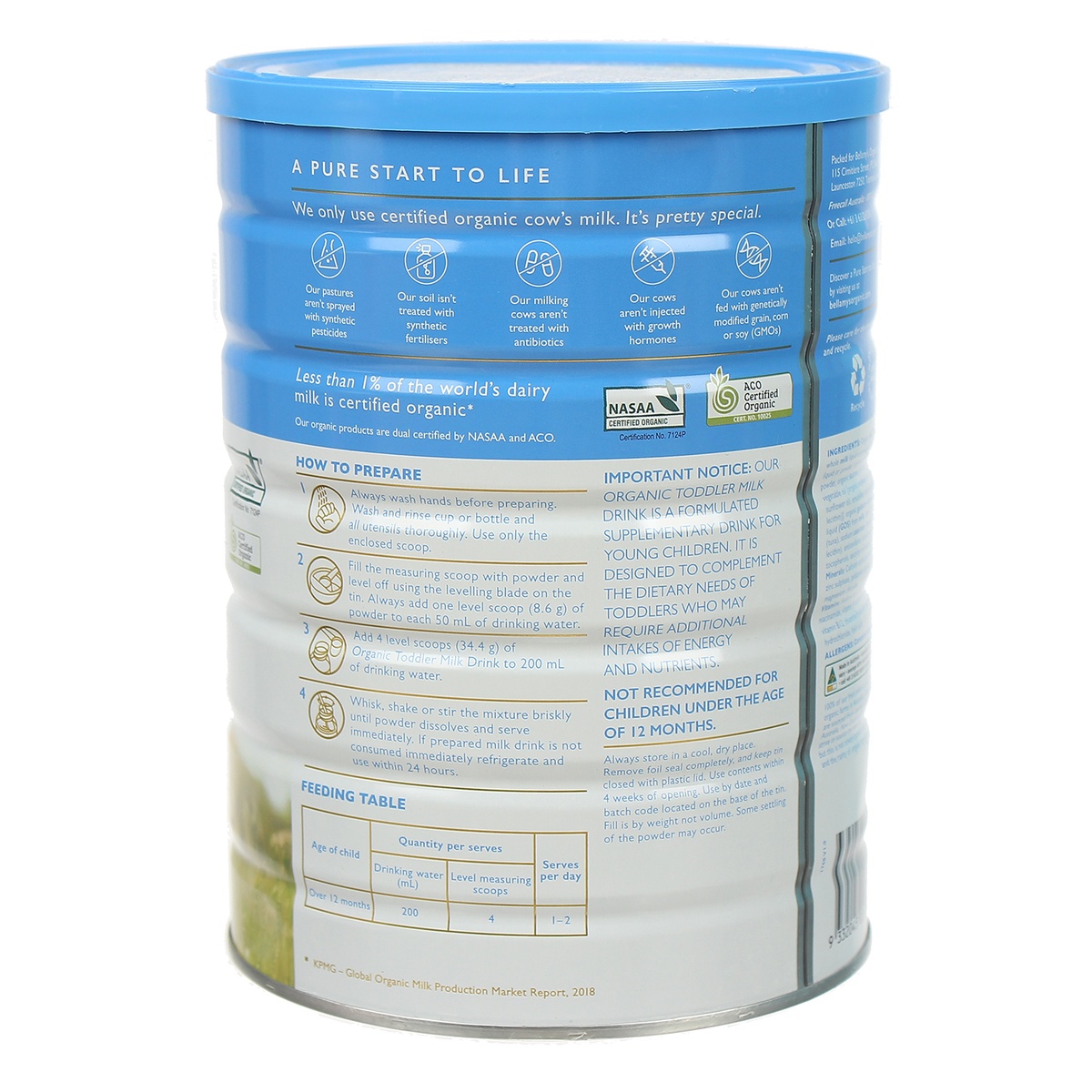Sữa bột Bellamy’s Organic S3 900g cho bé 12M-36M - mặt trái
