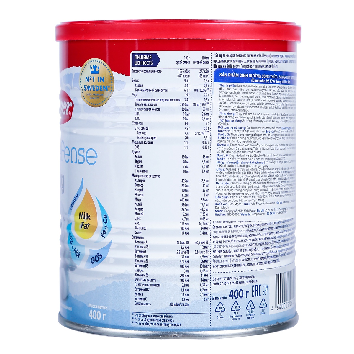 Sữa béo Semper Số 2 Nga Nutradefense  400gr cho bé 6M+ - góc nghiêng