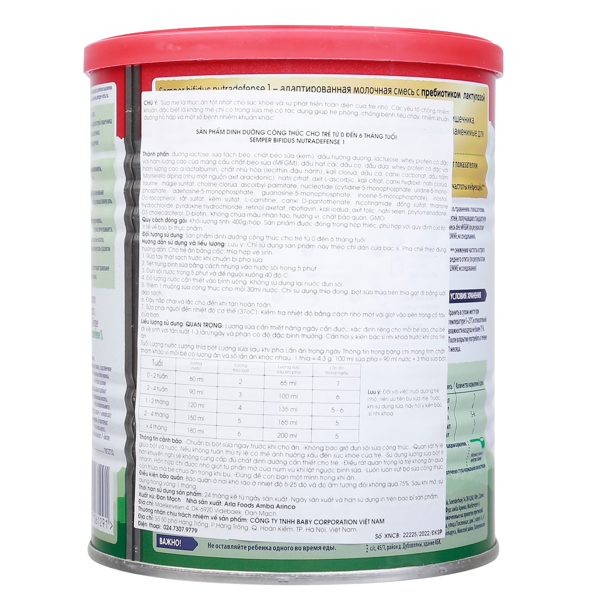Sữa béo Semper số 1 Nga Bifidus Nutradefense 400g cho bé 0-6M - mặt trái