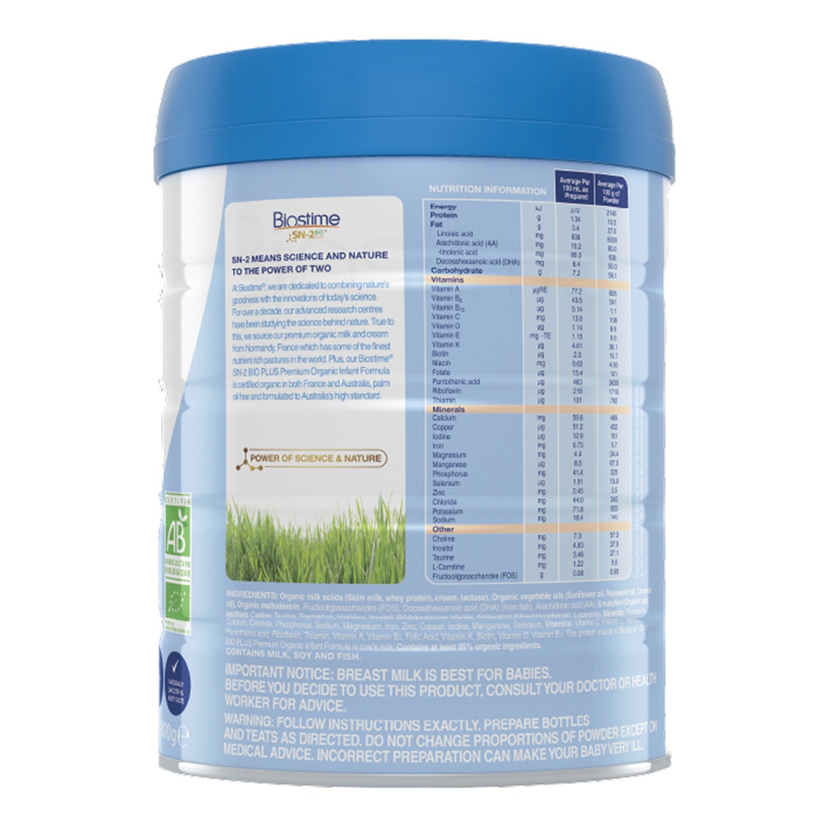 Sản phẩm dinh dưỡng công thức Biostime Lait Bio Organic số 1 800g cho bé 0-6 tháng - mặt trái