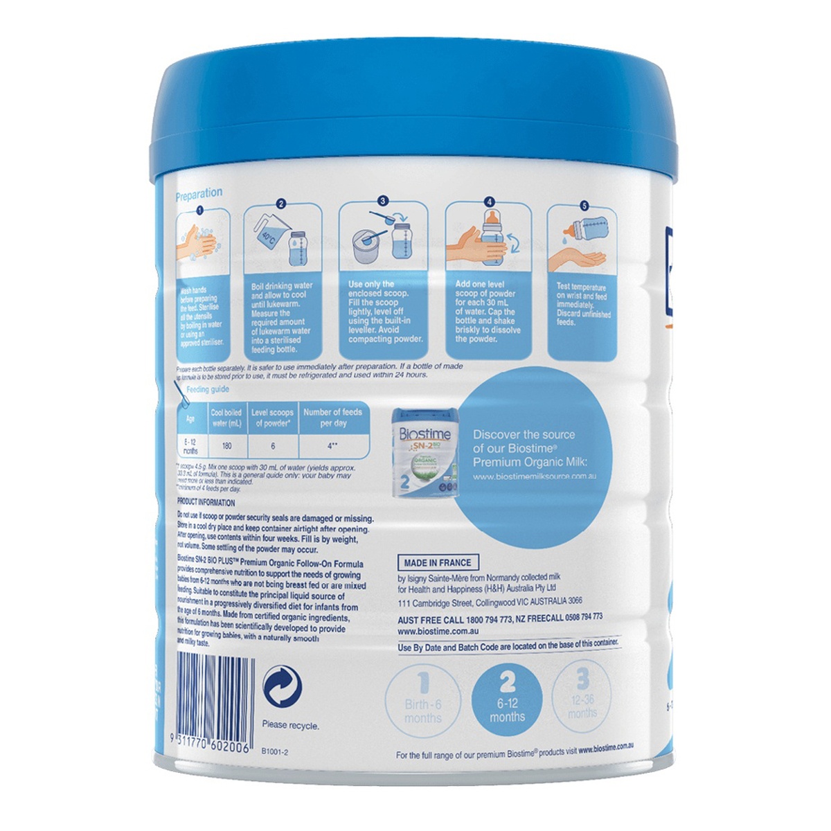 Sữa Biostime Lait Bio Organic số 2 (cho bé 6-12 tháng) 800g - mặt trái