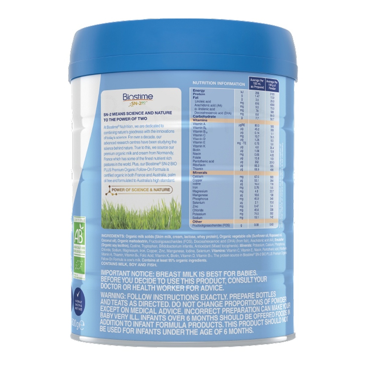 Sữa Biostime Lait Bio Organic số 2 (cho bé 6-12 tháng) 800g - mặt sau