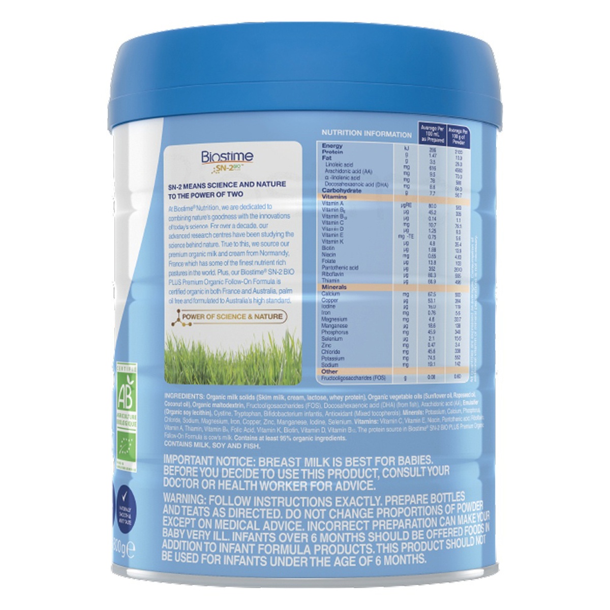 Sản phẩm dinh dưỡng công thức Biostime Lait Bio Organic số 3 800g cho bé 10-36 tháng - mặt trái