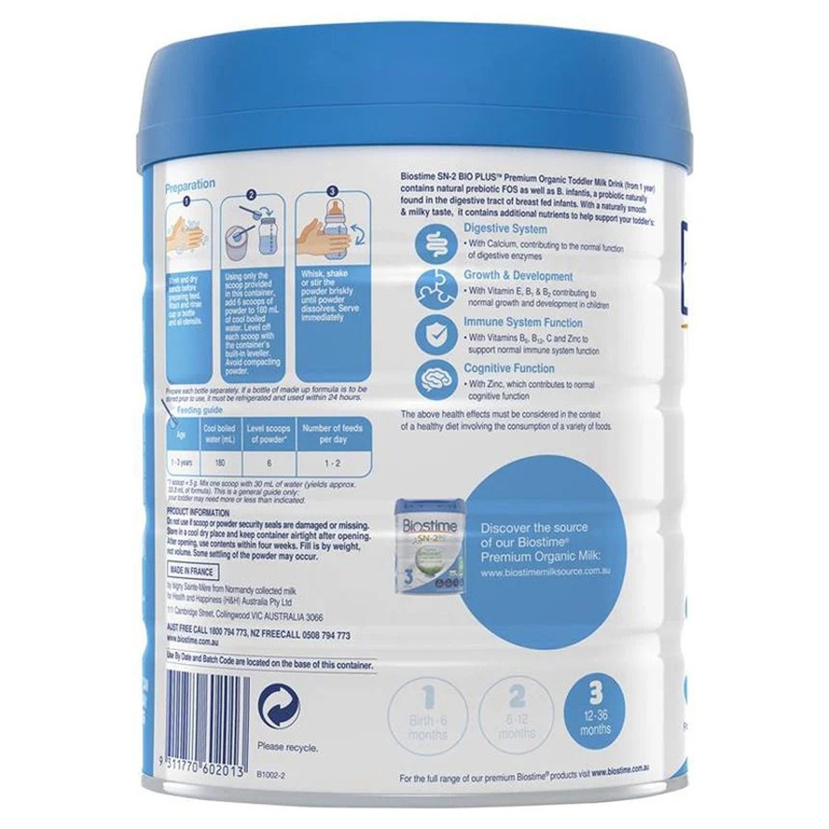 Sản phẩm dinh dưỡng công thức Biostime Lait Bio Organic số 3 800g cho bé 10-36 tháng - mặt phải