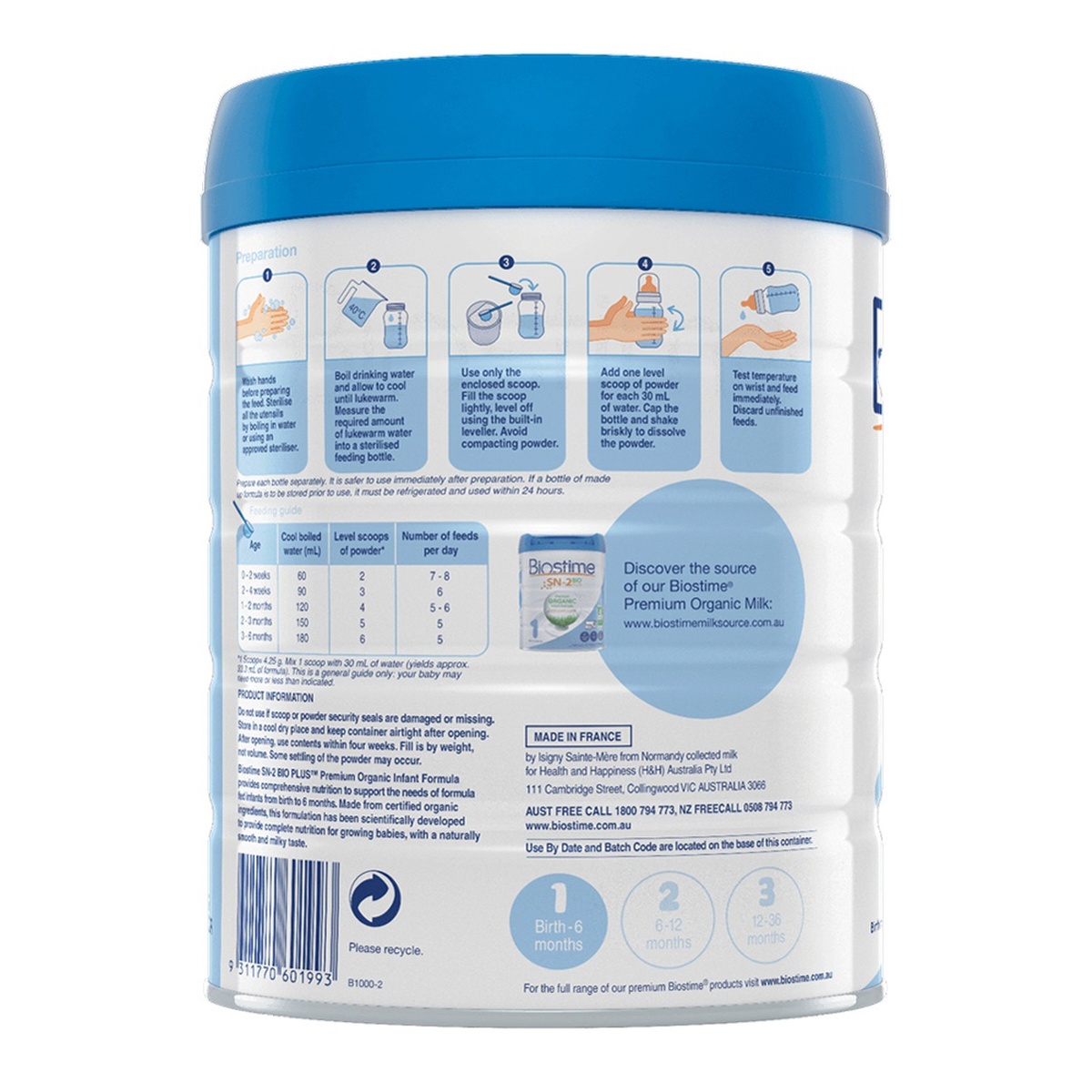 Sản phẩm dinh dưỡng công thức Biostime Lait Bio Organic số 1 800g cho bé 0-6 tháng - mặt phải