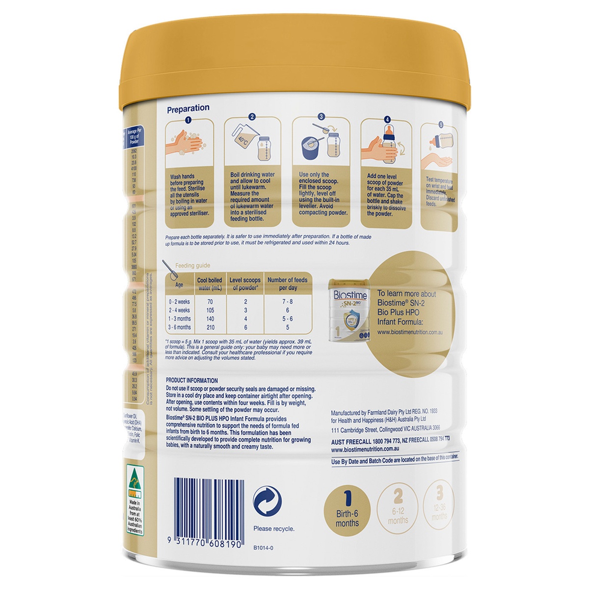 Sữa Biostime số 1 SN-2 Bio Plus 800g cho bé từ 0-6 tháng - mặt trái