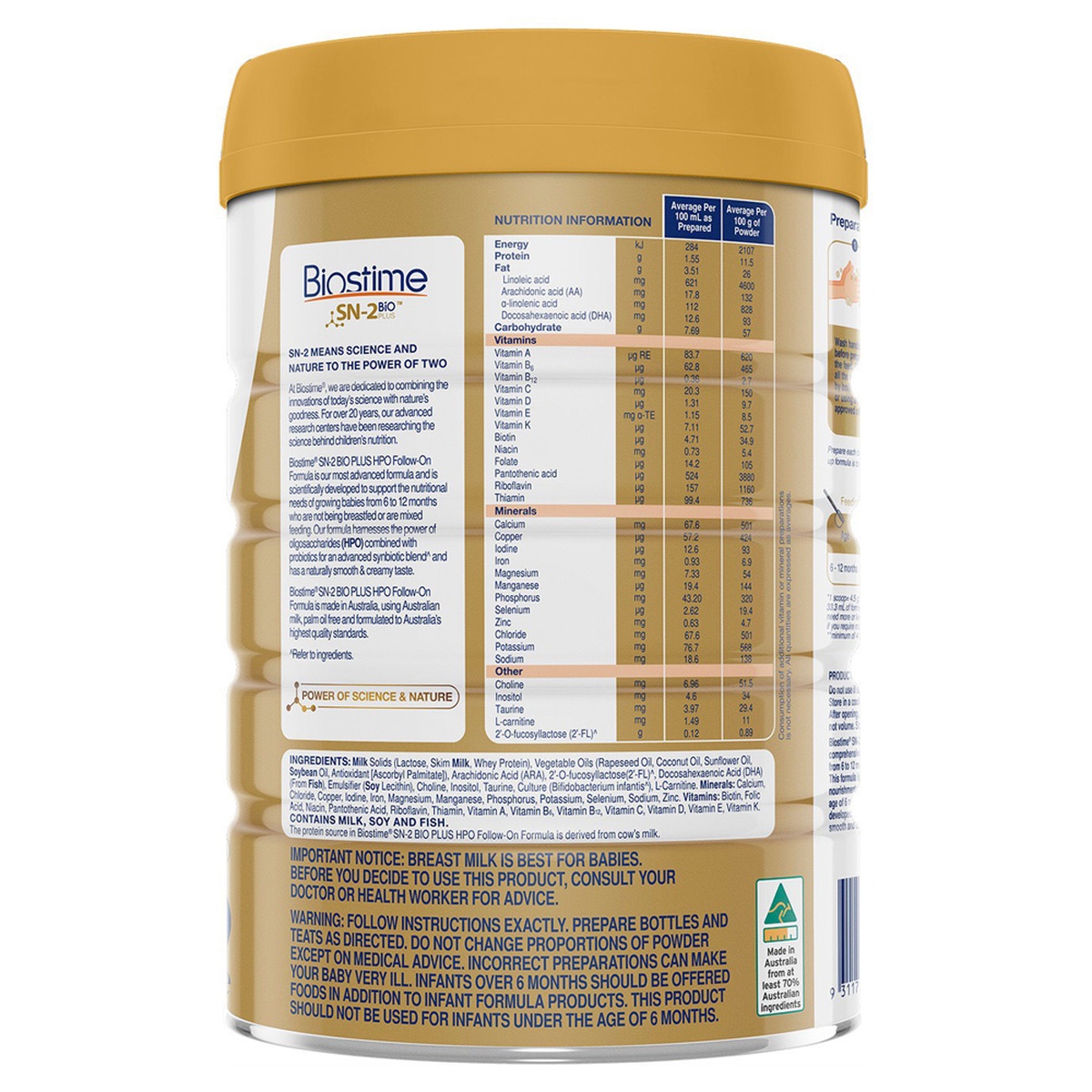 Sữa Biostime số 2 SN-2 Bio Plus 800g cho bé từ 6-12 tháng - mặt trái