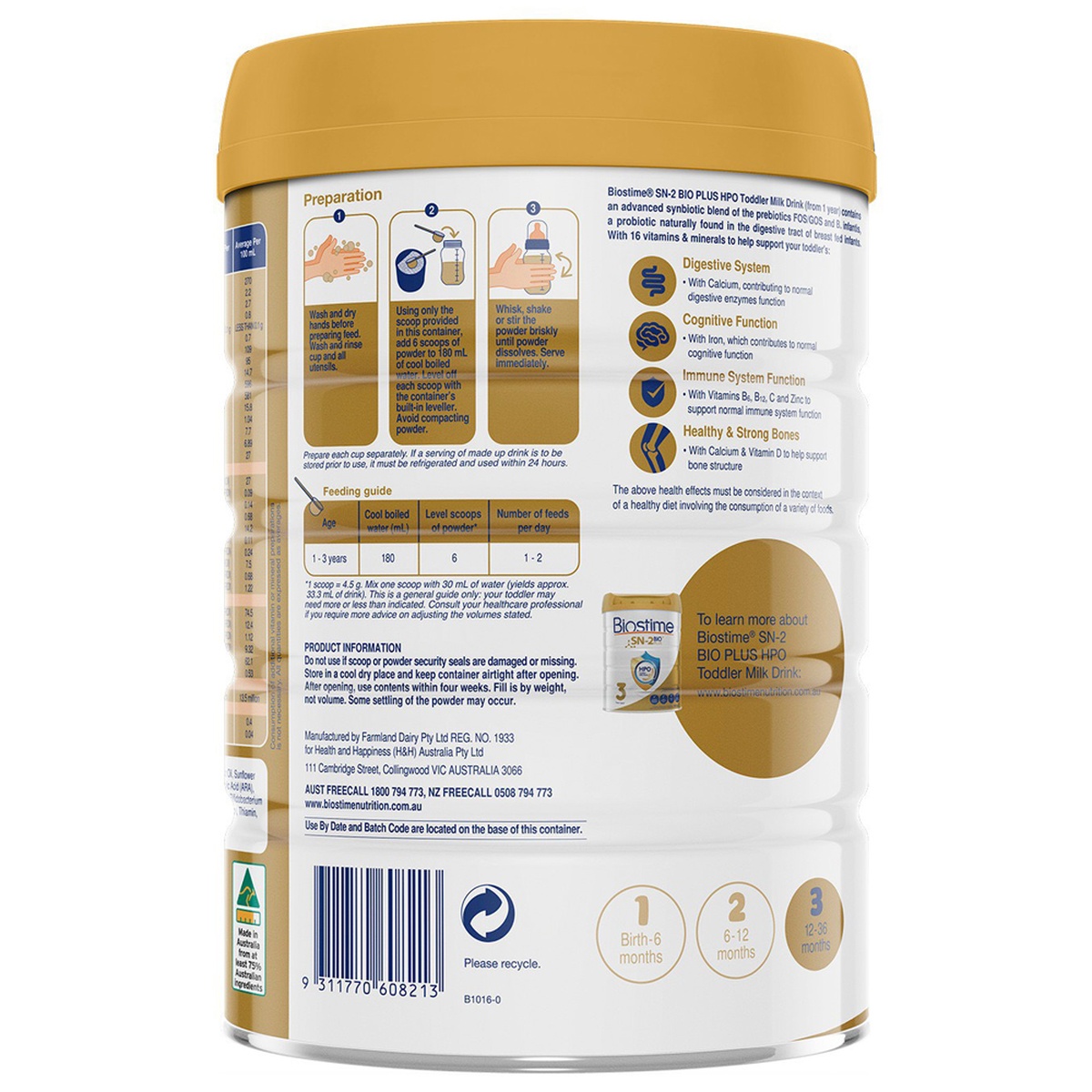 Sữa Biostime số 3 SN-2 Bio Plus 800g cho bé 1Y+ - mặt trái