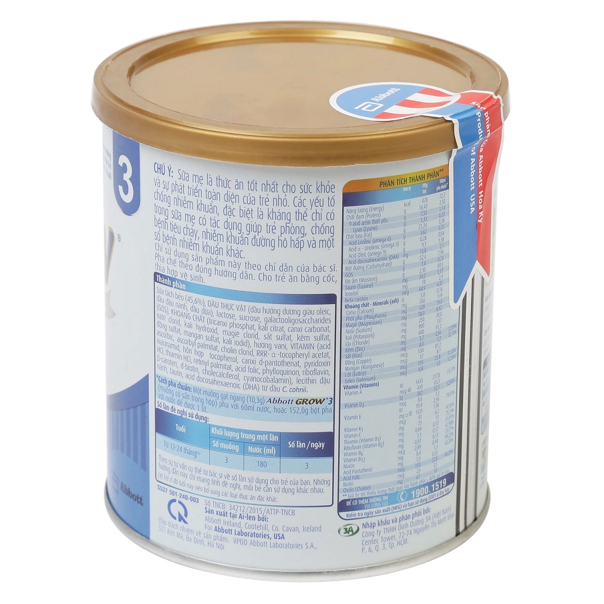 Sữa Abbott Grow 3 hương Vani 400g - mặt trái