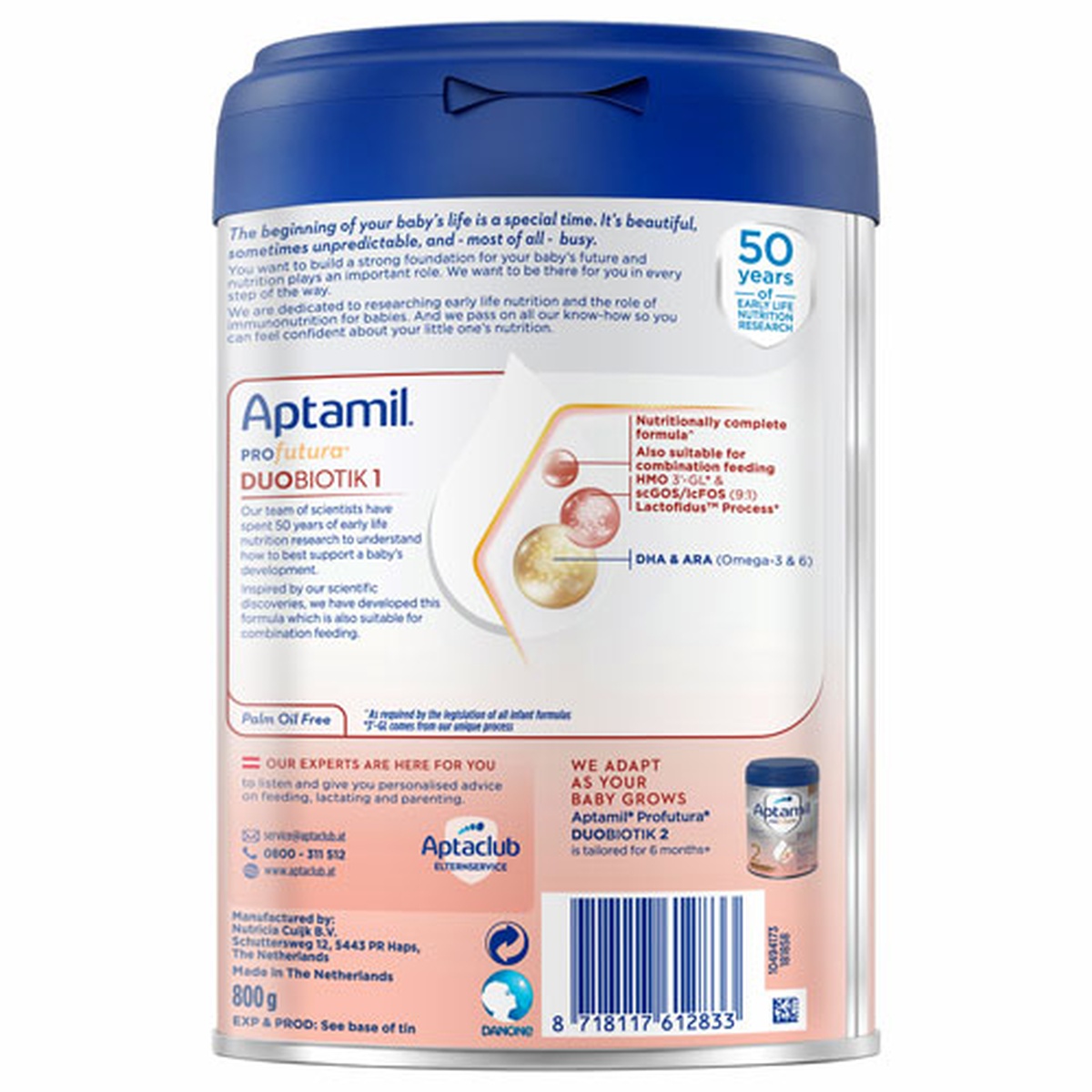 Sữa Aptamil Hà Lan Profutura Duobiotik 1 800g - mặt sau