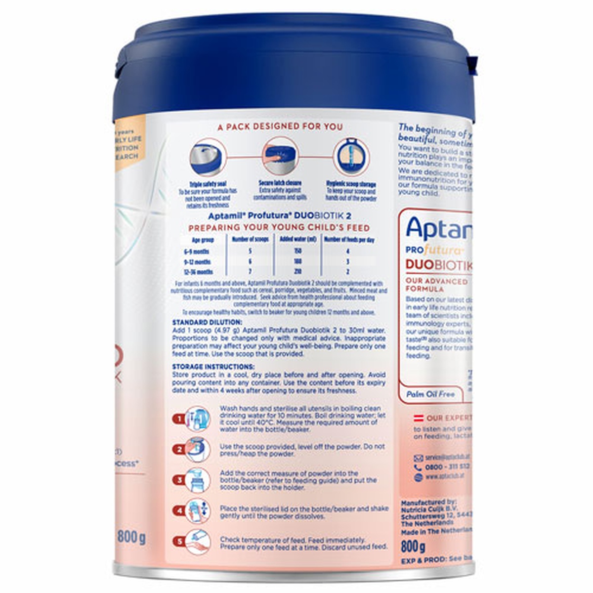 Sữa Aptamil Hà Lan Profutura Duobiotik 2 800g - mặt sau