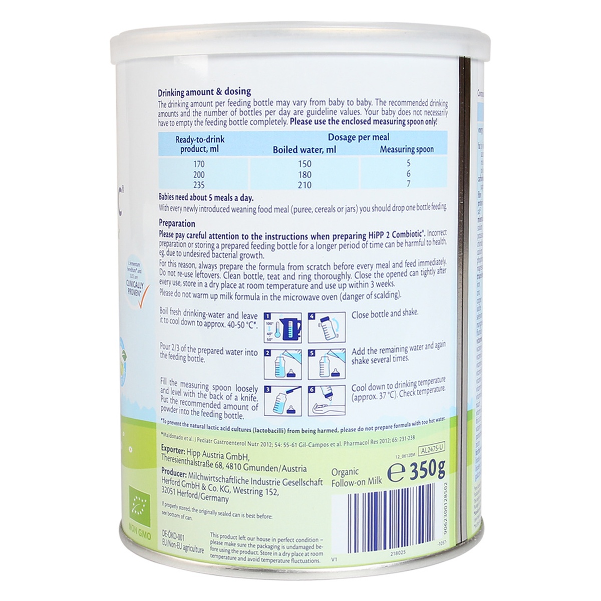 Sữa Hipp số 2 Combiotic Organic 350g - góc nghiêng