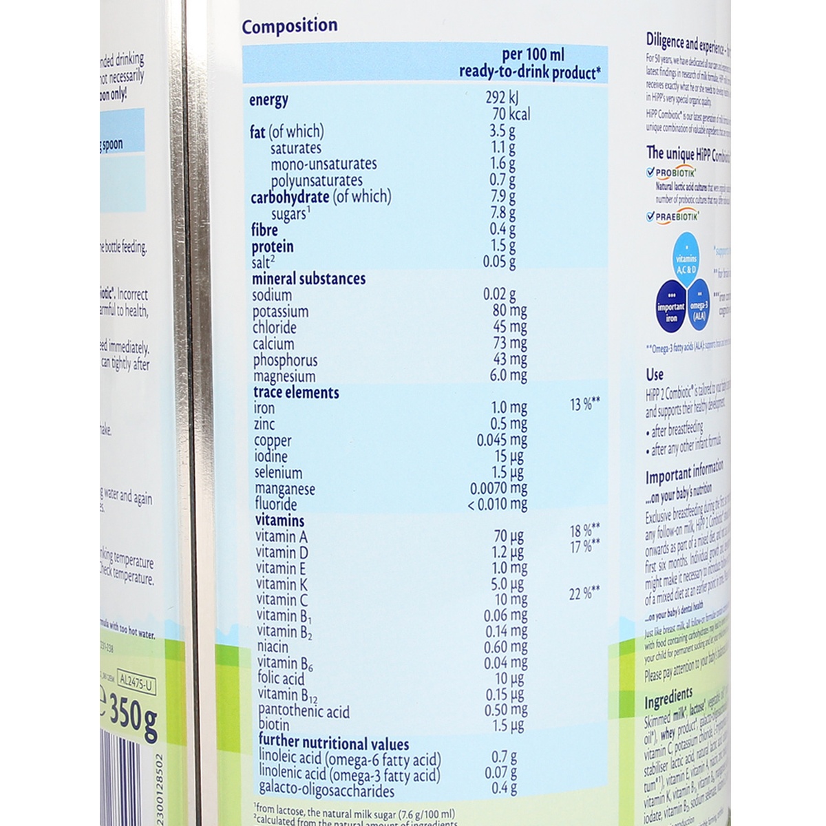 Sữa Hipp số 2 Combiotic Organic 350g - mặt sau