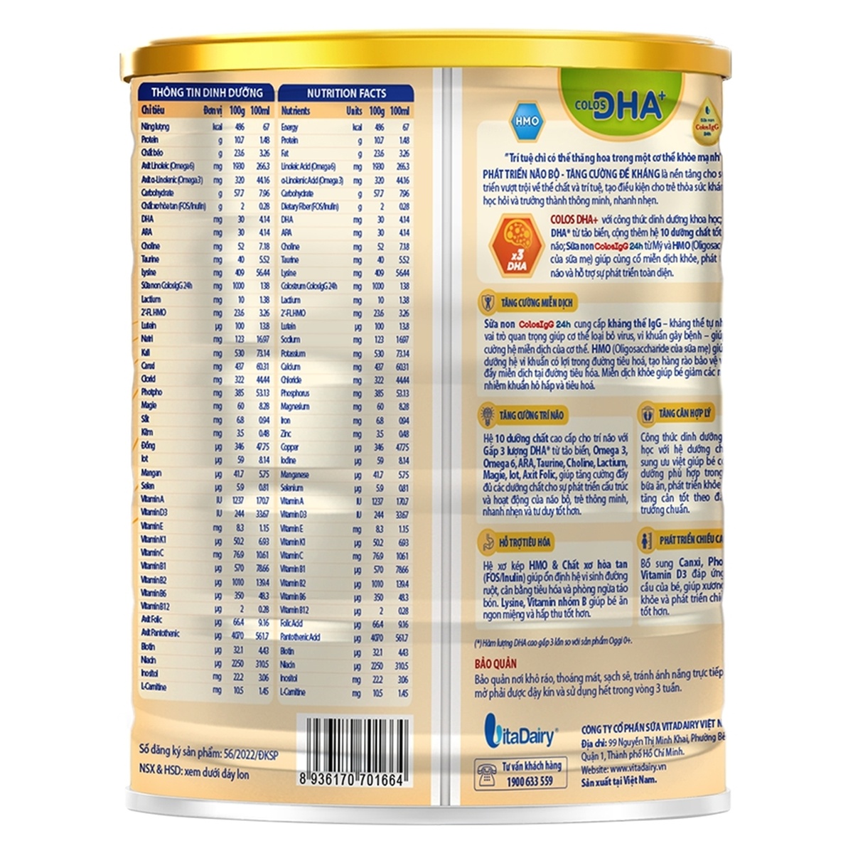 Sữa Colos DHA 0+ 800g cho bé từ 0-12 tháng - mặt trái
