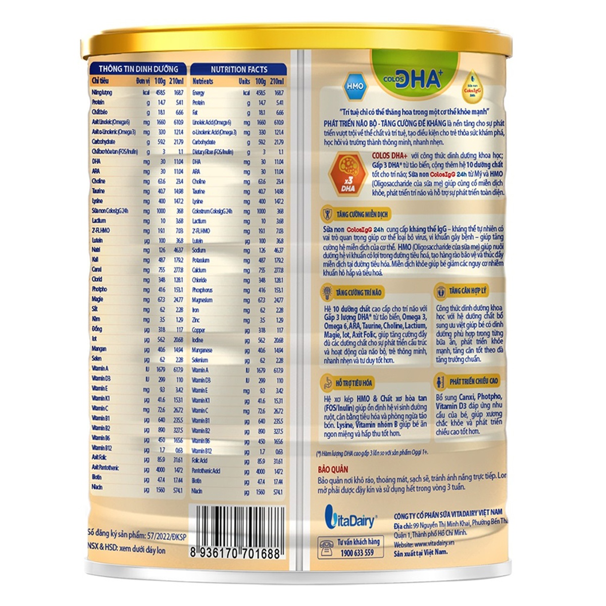 Sữa Colos DHA 1+ 800g cho bé từ 1-2 tuổi - mặt trái