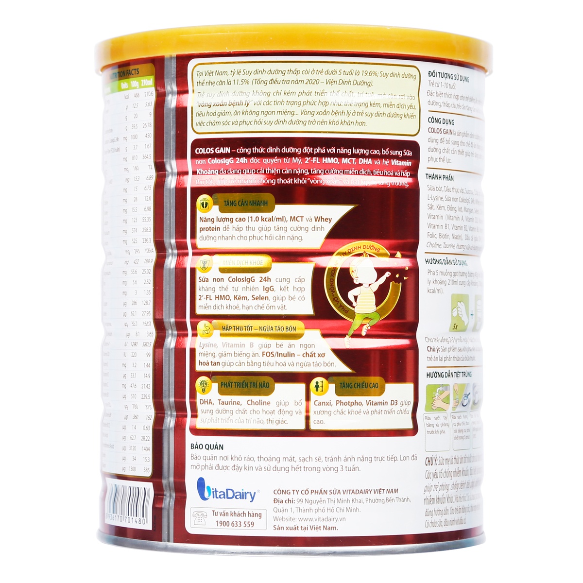 Sữa Colos Gain Vitadairy 1+ (cho bé từ 1-10 tuổi) 800g - mặt sau