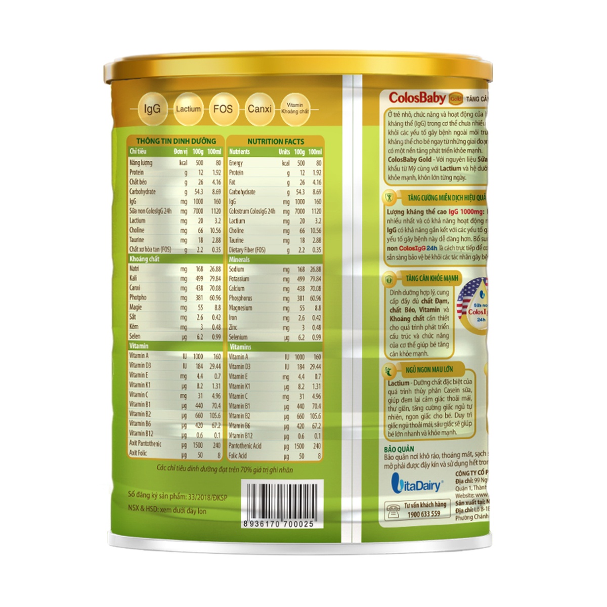 Sữa bột Colosbaby Gold 0+ 800g tăng cường hệ miễn dịch (0-1 tuổi) - mặt trái