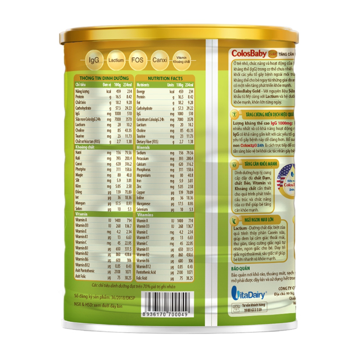 Sữa bột Colosbaby gold 1+ 800g tăng cường hệ miễn dịch (1-2 tuổi) - mặt phải