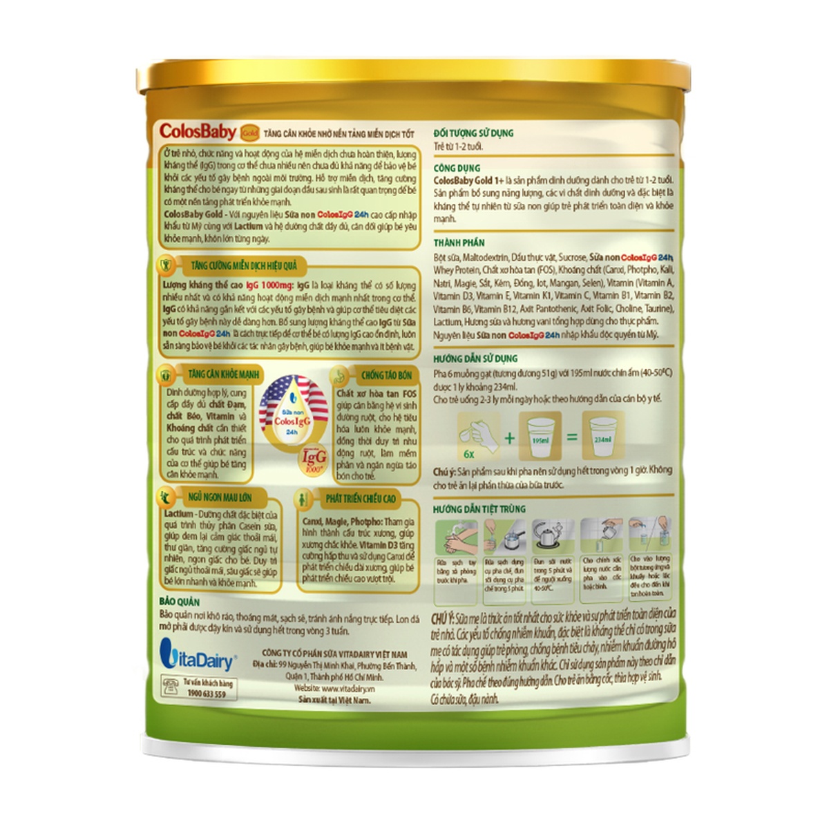 Sữa bột Colosbaby gold 1+ 800g tăng cường hệ miễn dịch (1-2 tuổi) - mặt sau