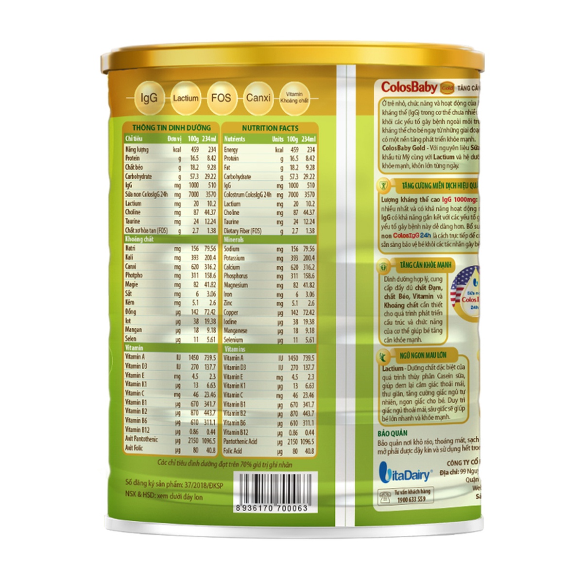 Sữa bột Colosbaby gold 2+ 800g tăng cường hệ miễn dịch (2Y+) - mặt trái