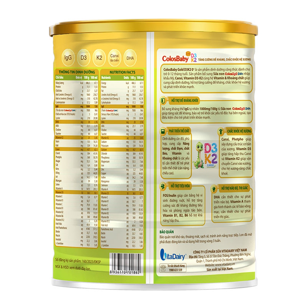 Sữa Colosbaby Gold D3K2 0+ (cho bé từ 0-12 tháng) 800g - mặt trái