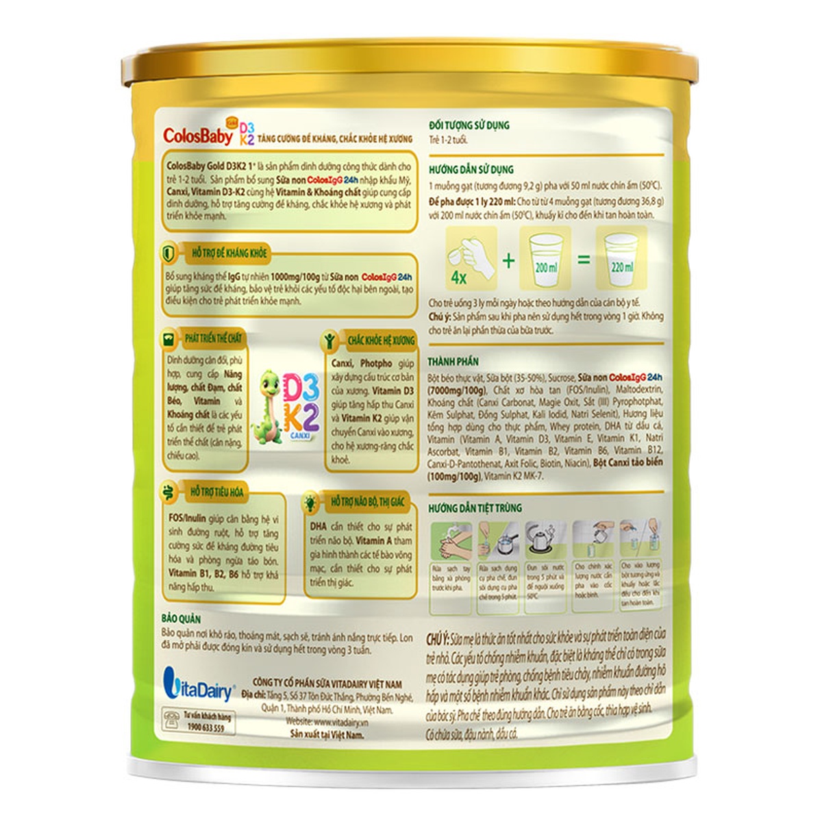 Sữa Colosbaby Gold D3K2 1+ (cho bé từ 1 tuổi) 800g - mặt trái