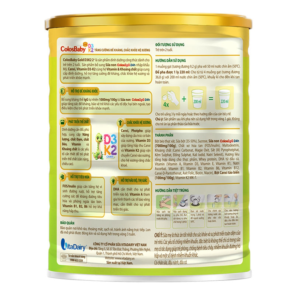 Sữa Colosbaby Gold D3K2 (cho bé trên 2 tuổi) 800g - mặt trái